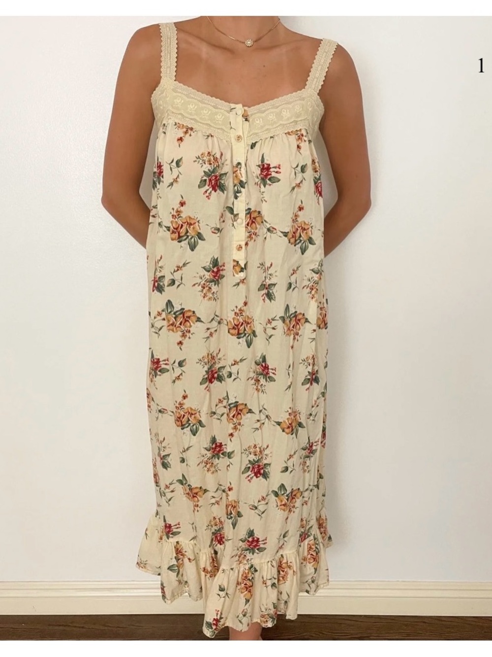 Victoria's Secret Vintage Country Cotton Cream Floral Lace-Trim Dress